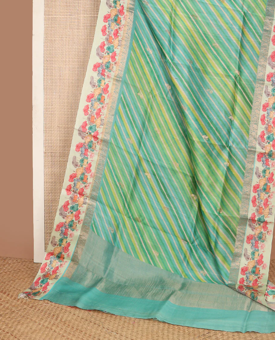 Blue lehariya-style stripes printed tussar saree with zari buttas, contrast traditional zari border of pichwai multi-color floral & cow motifs print & zari striped pallu - Image 3