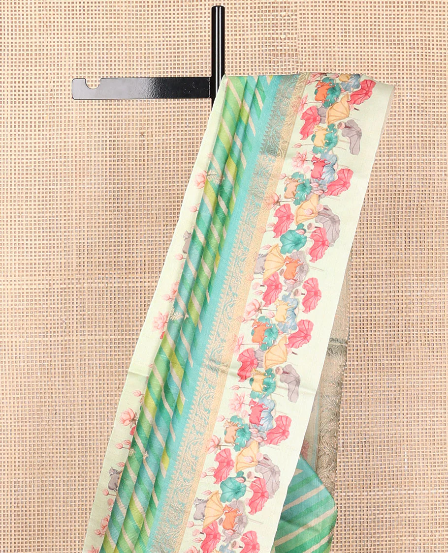 Blue lehariya-style stripes printed tussar saree with zari buttas, contrast traditional zari border of pichwai multi-color floral & cow motifs print & zari striped pallu - Image 4