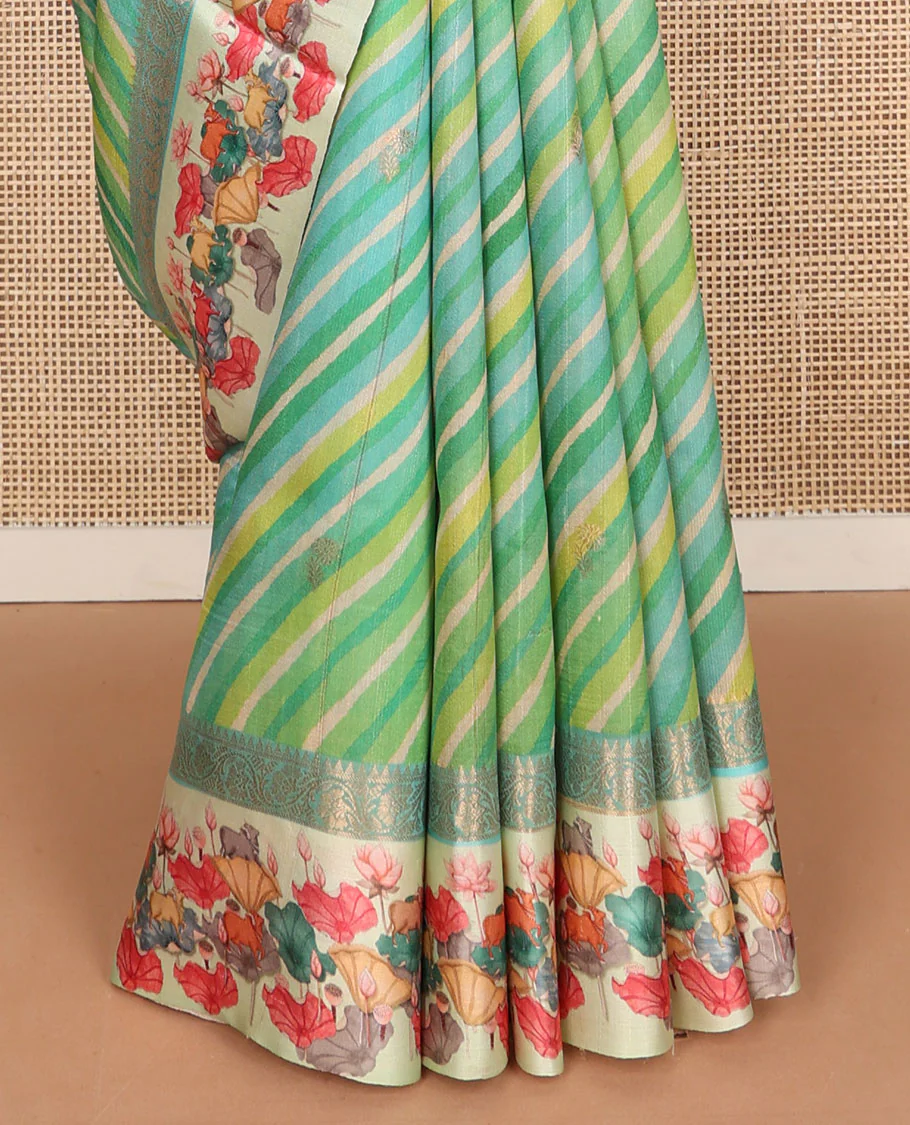 Blue lehariya-style stripes printed tussar saree with zari buttas, contrast traditional zari border of pichwai multi-color floral & cow motifs print & zari striped pallu - Image 5