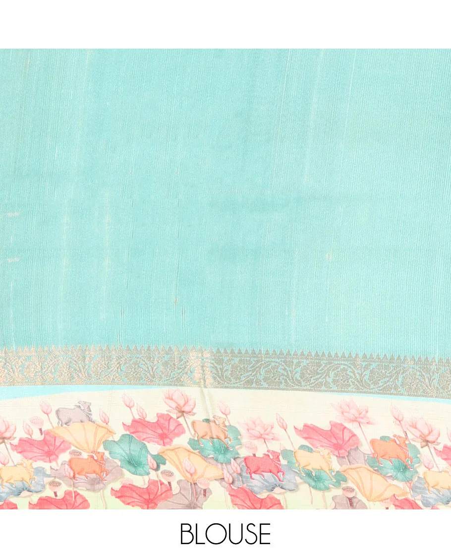 Blue lehariya-style stripes printed tussar saree with zari buttas, contrast traditional zari border of pichwai multi-color floral & cow motifs print & zari striped pallu - Image 6