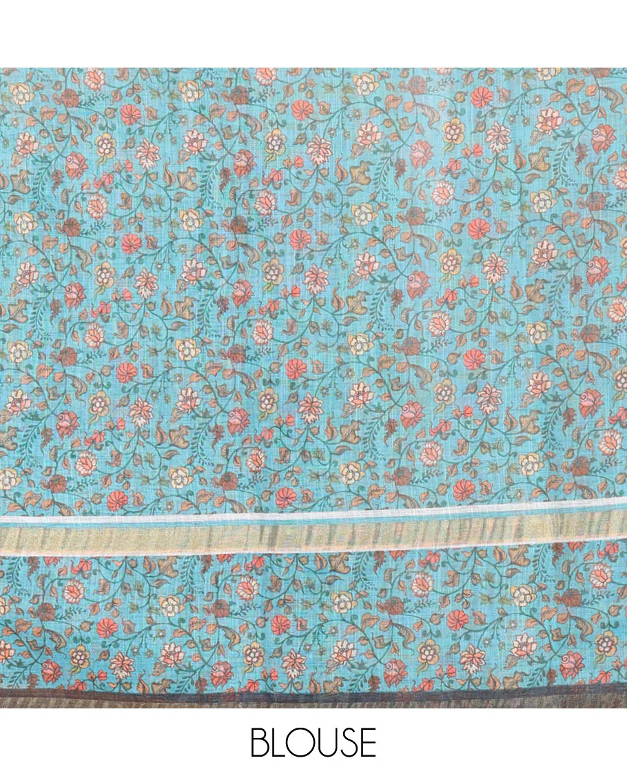 Blue Linen Saree Accentuated with Leaf Motifs All Over Its Body, Complemented by a Contrast Floral Vine Printed Border, Pallu Mirrors the Floral Vine Print, and Paired with a Contrast Floral Printed Blouse - Image 3
