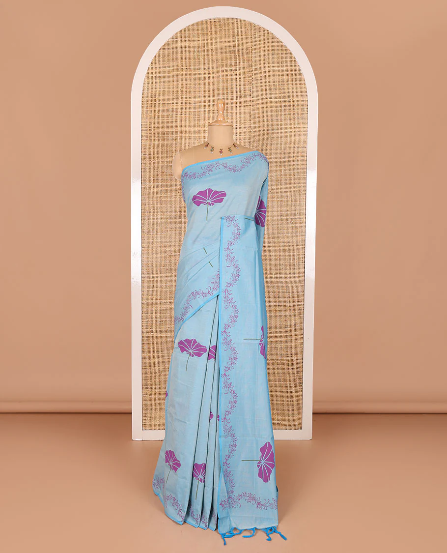 Blue lotus leaf motifs printed South cotton saree with floral creeper border, a matching blouse, and a contrast buttas block printed blouse - Image 2