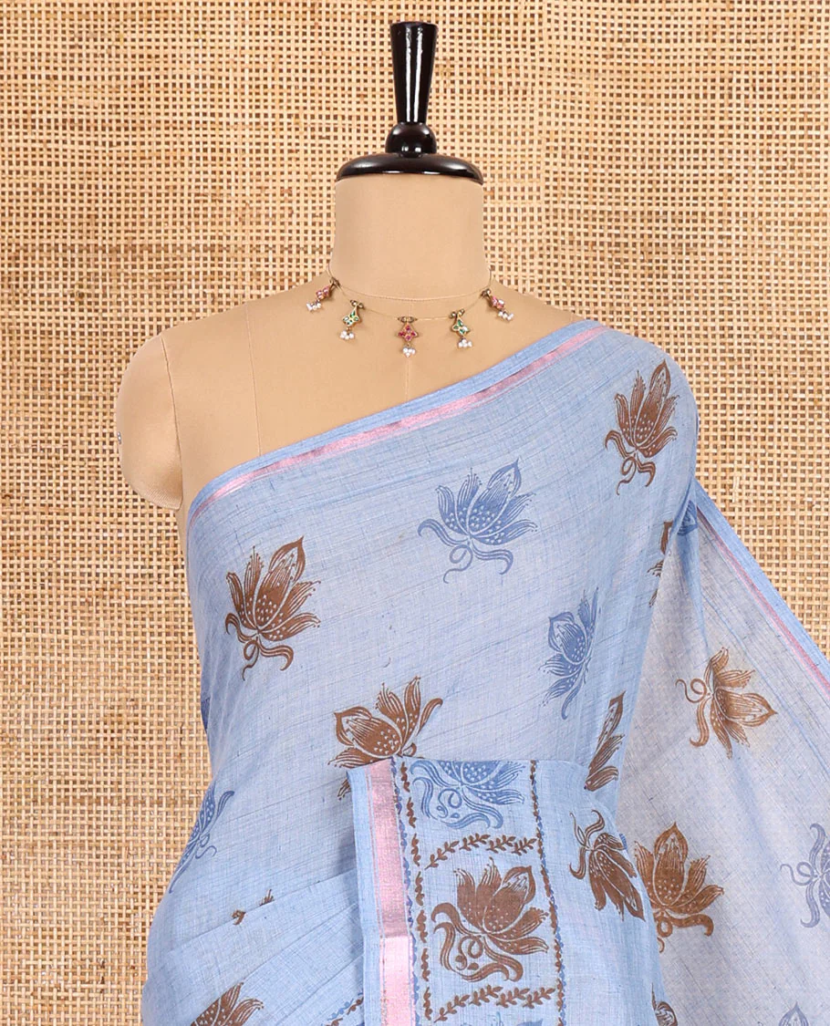 Blue lotus printed soft cotton saree, piping border, printed pallu, and a shibori printed blouse of polka dots - Image 2