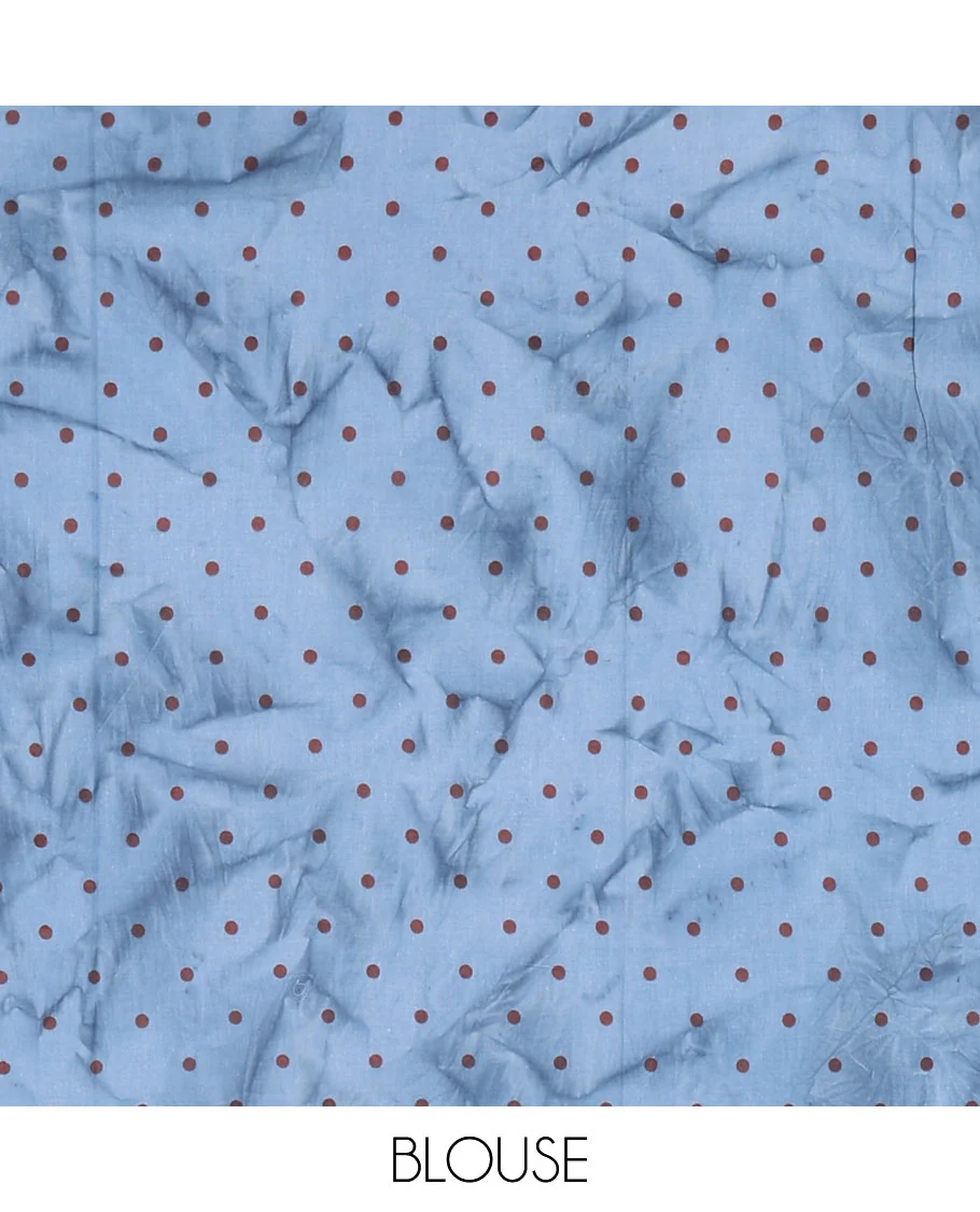 Blue lotus printed soft cotton saree, piping border, printed pallu, and a shibori printed blouse of polka dots - Image 3