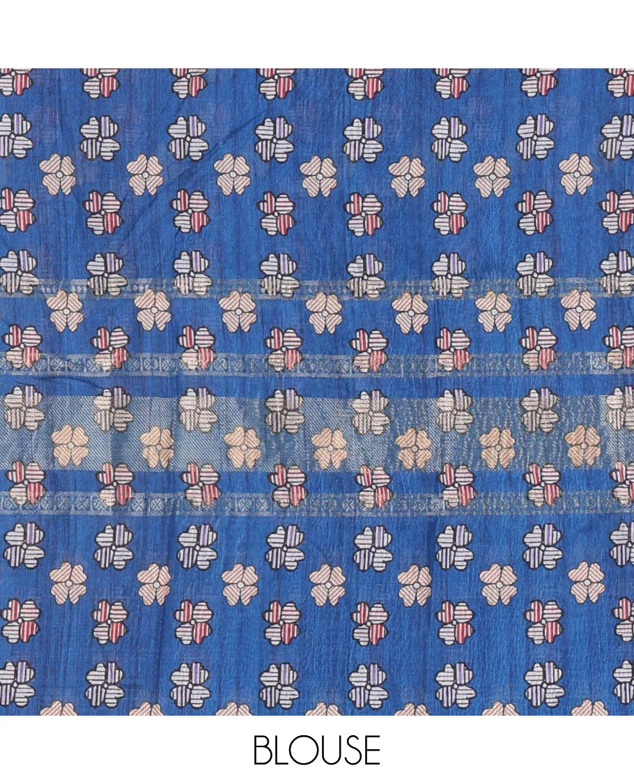 Blue Madhubani flora-peacock motifs printed moss crush saree, double-sided zari border, Madhubani village printed pallu, and a buttas printed blouse - Image 3