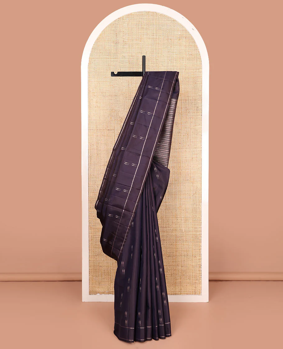 Blue malli mokku buttas Mayuri soft silk saree, striped border, and pallu of manga, muthu, neli and cross kamalam designs