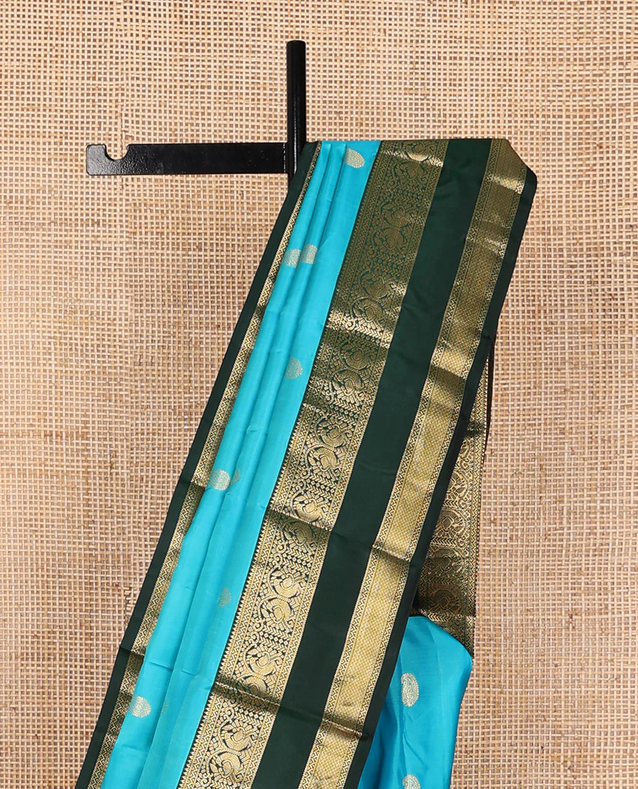 Blue manga buttas Vasundhara silk saree, contrast rettai pettu border of rekku,neli,mayil,banaras & mayil kann & jaal pallu - Image 4