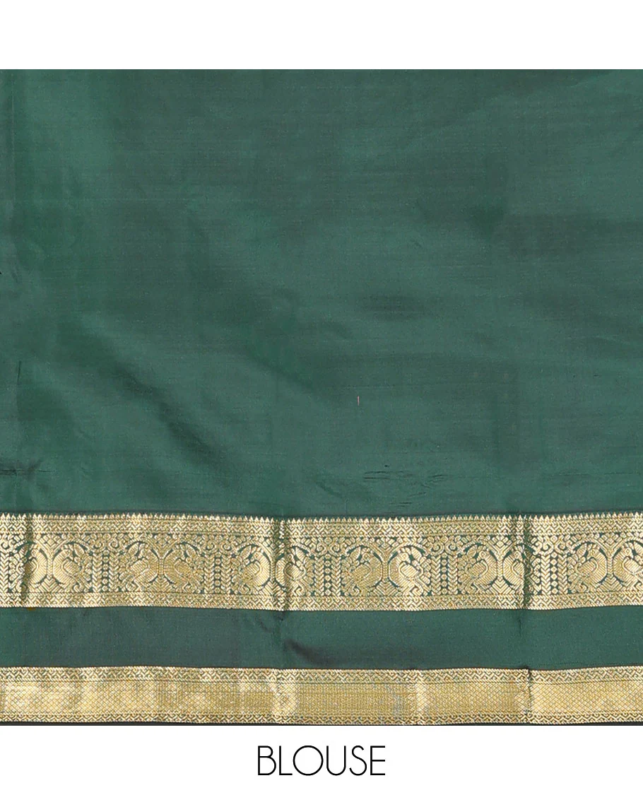 Blue manga buttas Vasundhara silk saree, contrast rettai pettu border of rekku,neli,mayil,banaras & mayil kann & jaal pallu - Image 6