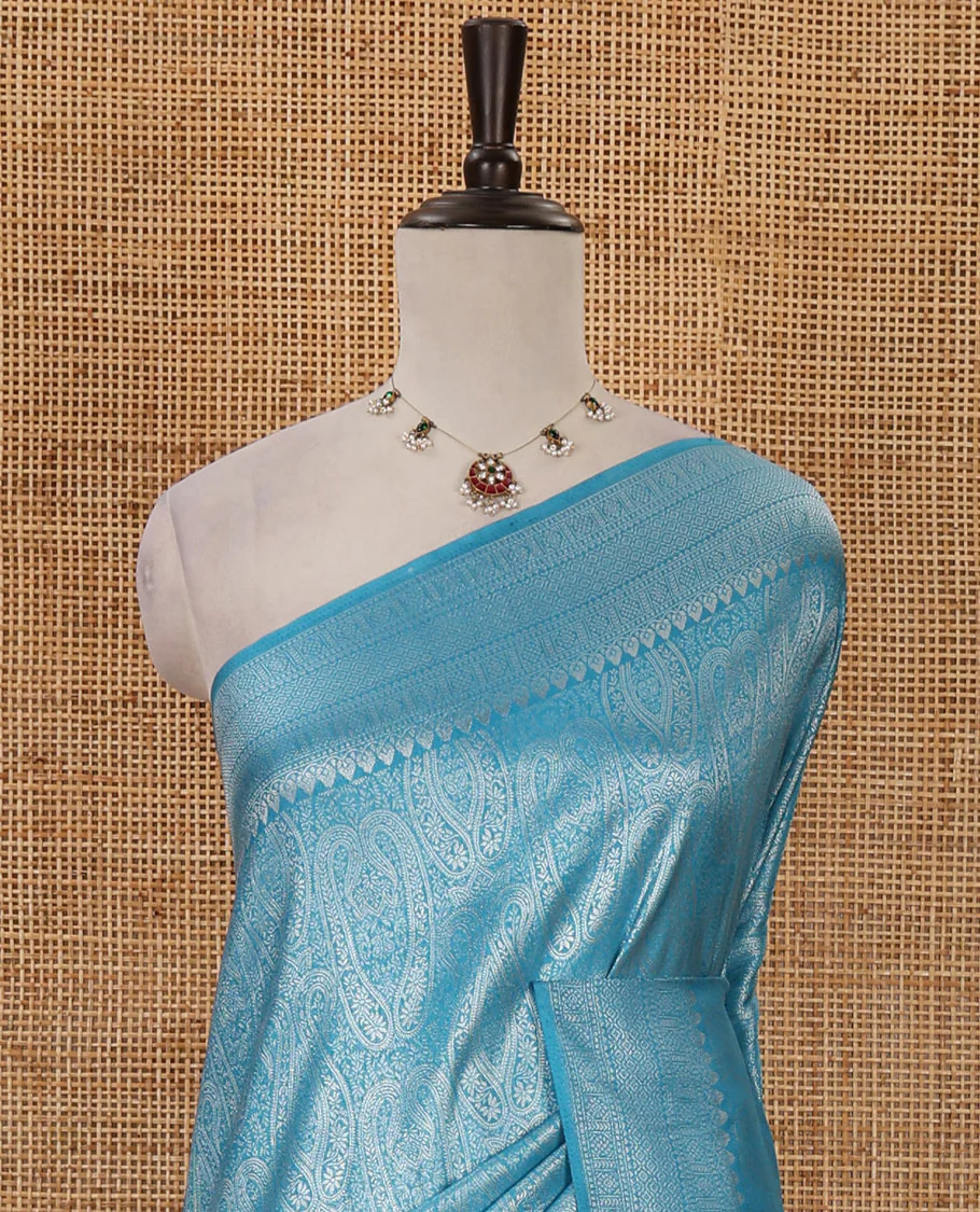 Blue mango-design jamdani zari body softy saree, self-traditional zari border, rich pallu & matching blouse - Image 3