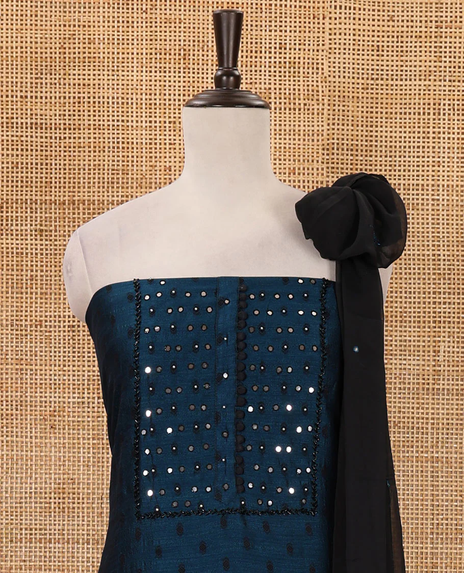 Blue material chudidar set, black beads & mirror neck embroidered with buttas woven vichitra silk top, santoon bottom & contrast mirror work chiffon dupatta - Image 3