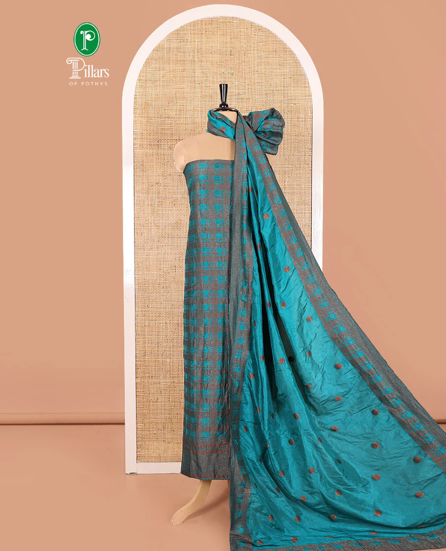 Blue Material Chudidar Set Decorated with Copper Zari Checks Semi-Modal Silk Top, Subtly Made Plain Santoon Bottom, and a Semi-Modal Dupatta Featuring Polka Dots in Zari