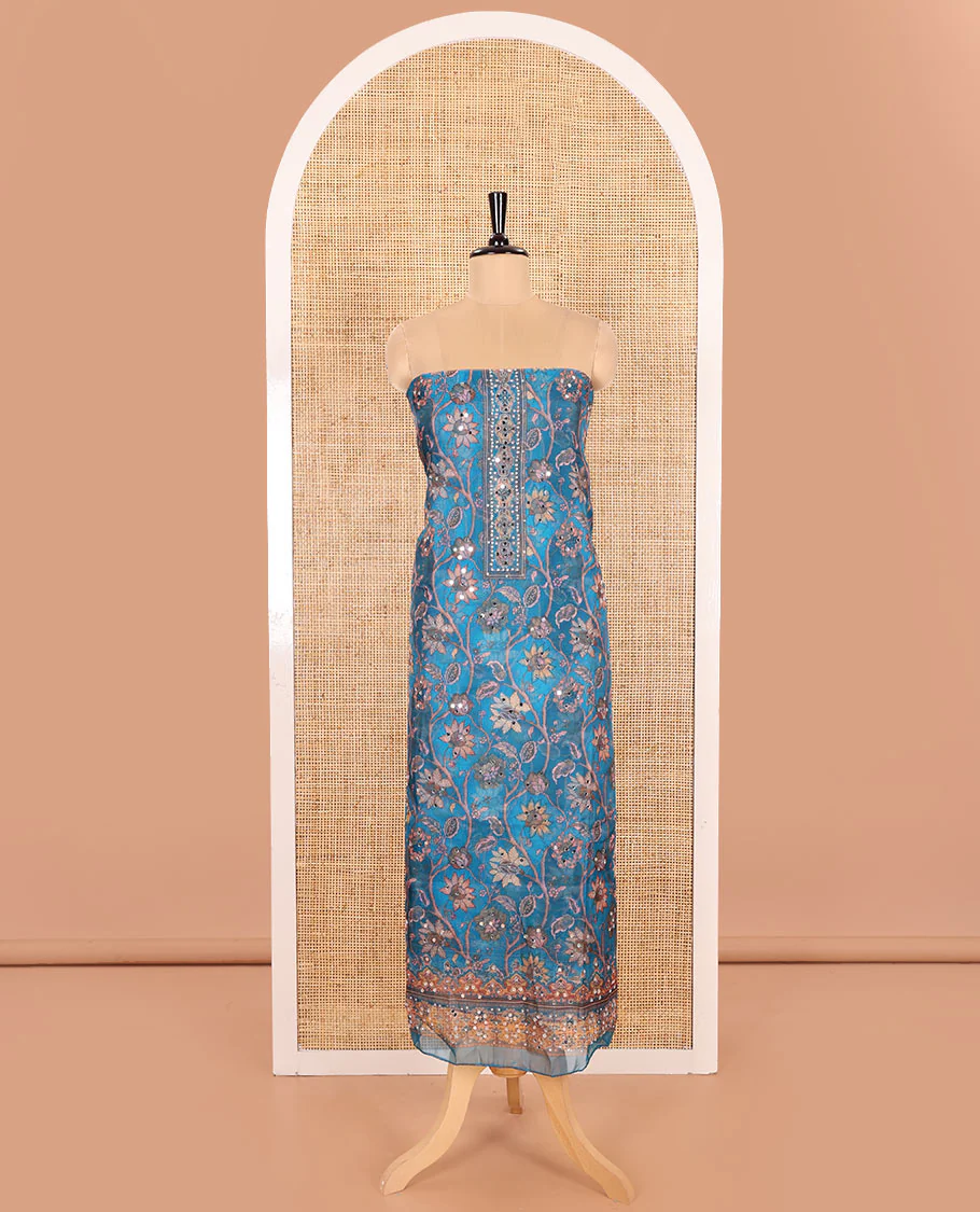 Blue Material Chudidar Set Embellished with Floral Vine with Mirror Work Organza Top, Subtly Made Plain Santoon Bottom, and Organza Dupatta Featuring Floral Vine Print and Mirror Work - Image 3