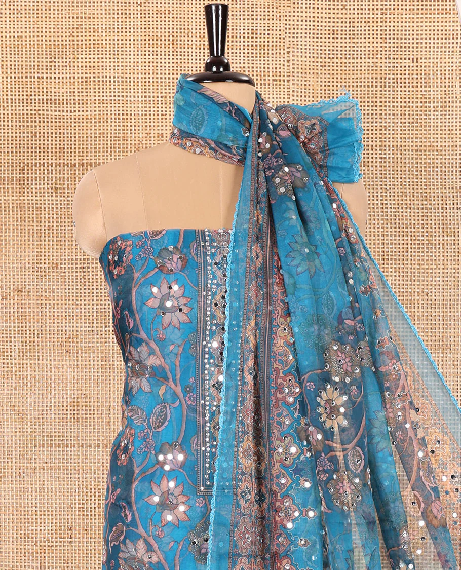 Blue Material Chudidar Set Embellished with Floral Vine with Mirror Work Organza Top, Subtly Made Plain Santoon Bottom, and Organza Dupatta Featuring Floral Vine Print and Mirror Work - Image 4