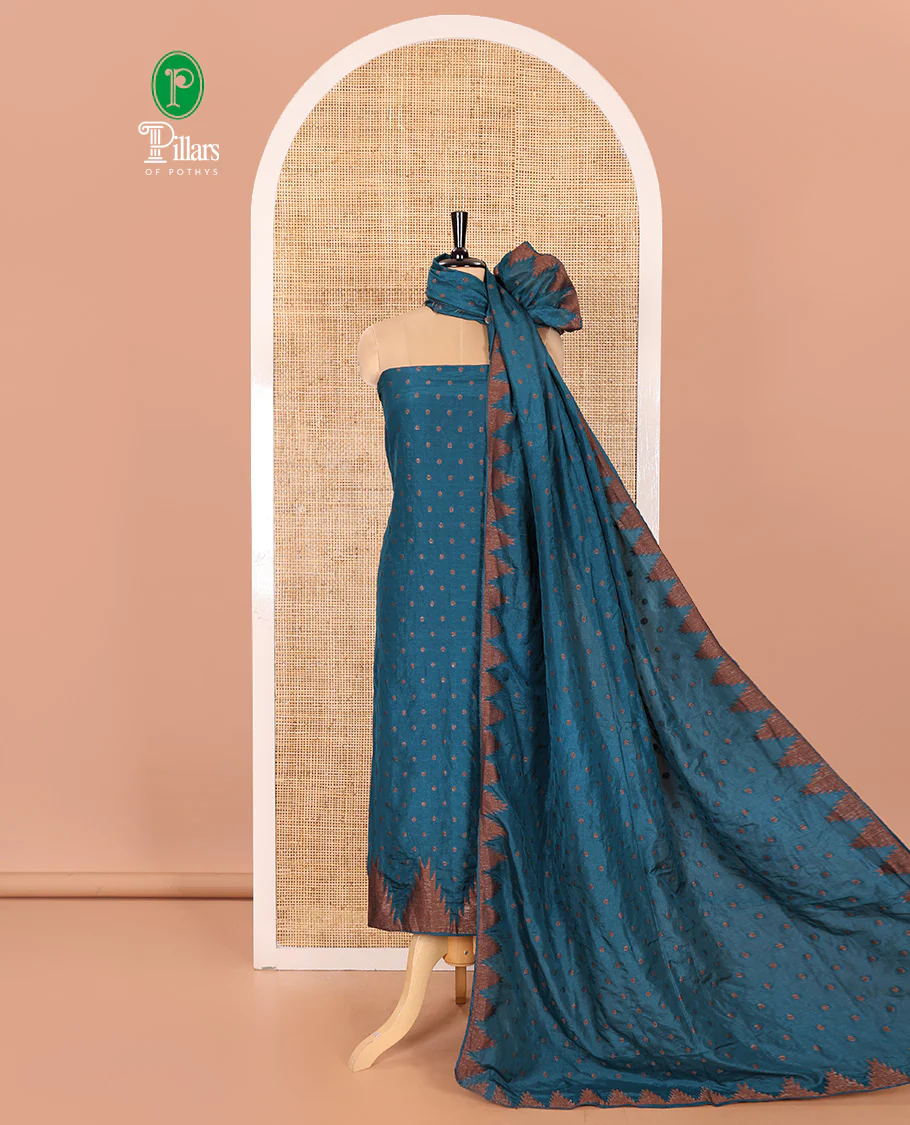Blue Material Chudidar Set Enthralled with 1000 Zari Buttas Woven Banaras Top, Subtly Made Plain Santoon Bottom, and a Banarasi Dupatta Featuring Zari Buttas and Temple Buttas