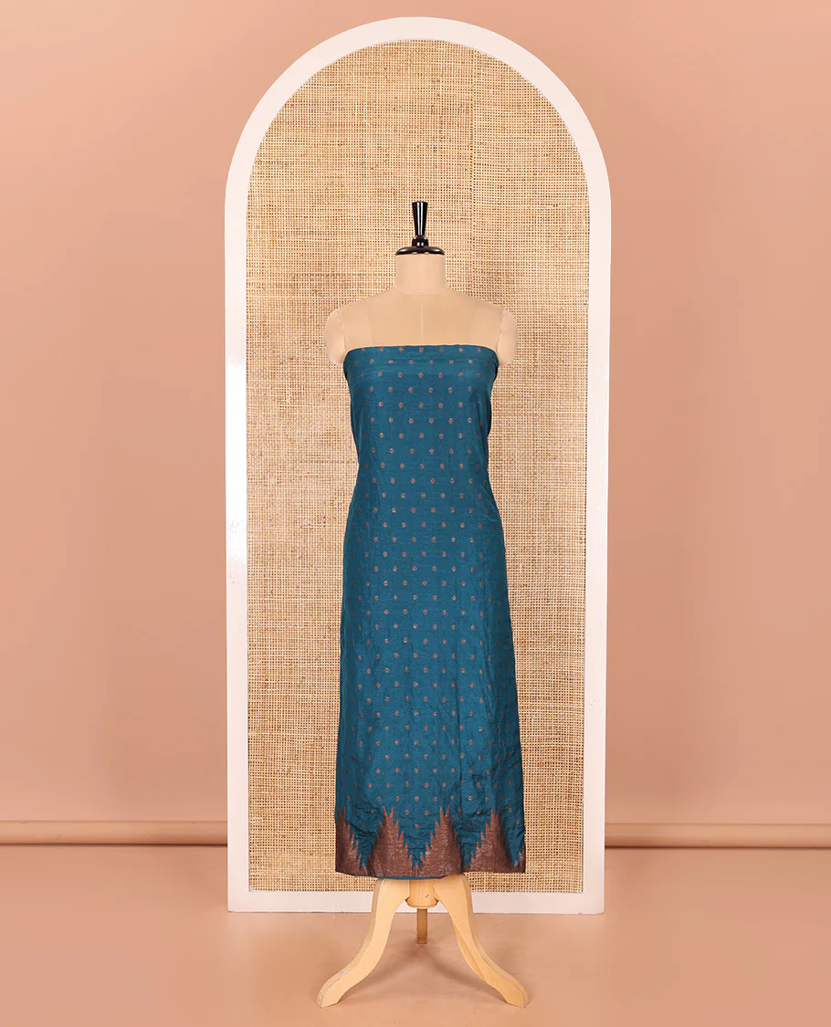 Blue Material Chudidar Set Enthralled with 1000 Zari Buttas Woven Banaras Top, Subtly Made Plain Santoon Bottom, and a Banarasi Dupatta Featuring Zari Buttas and Temple Buttas - Image 3