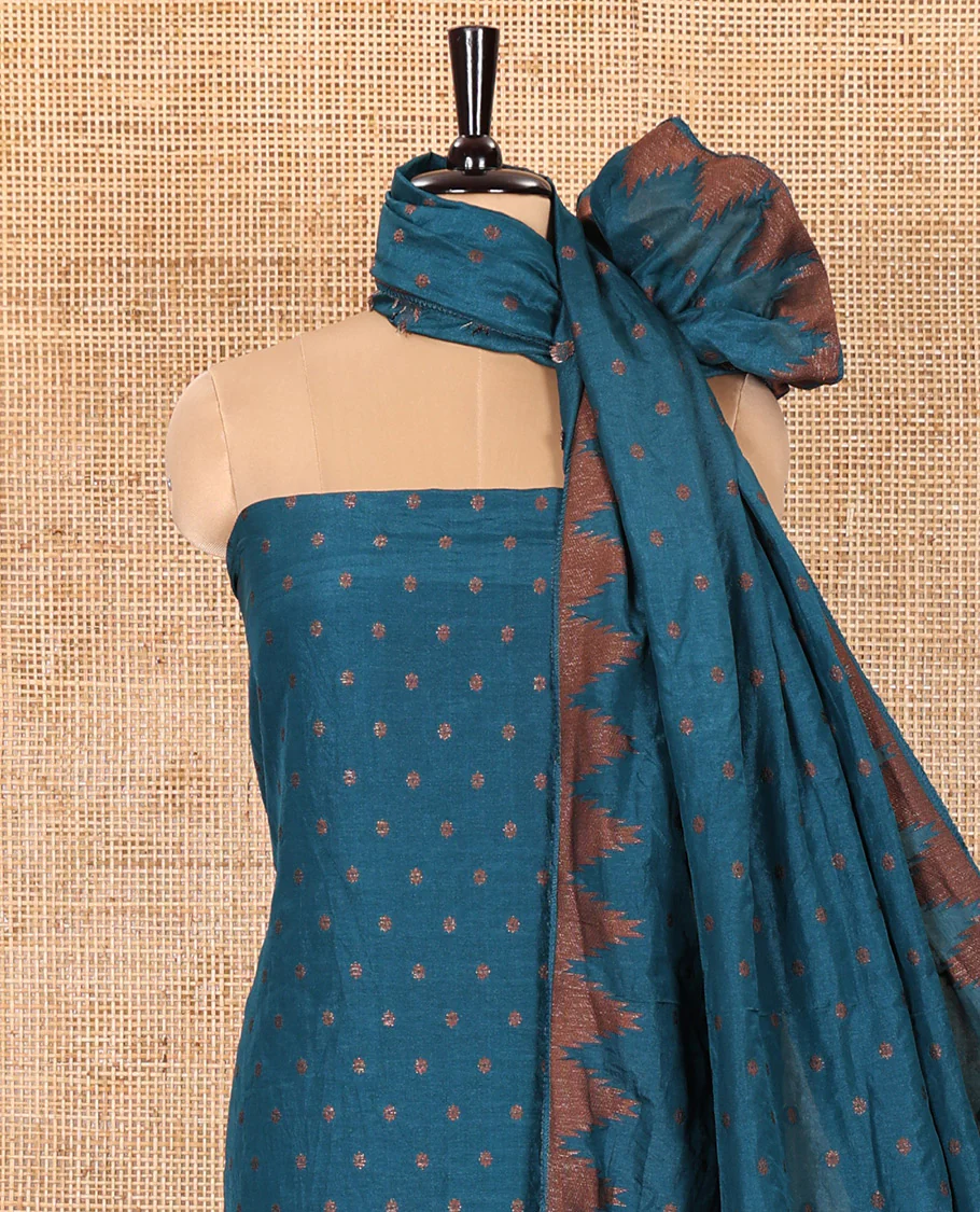 Blue Material Chudidar Set Enthralled with 1000 Zari Buttas Woven Banaras Top, Subtly Made Plain Santoon Bottom, and a Banarasi Dupatta Featuring Zari Buttas and Temple Buttas - Image 4