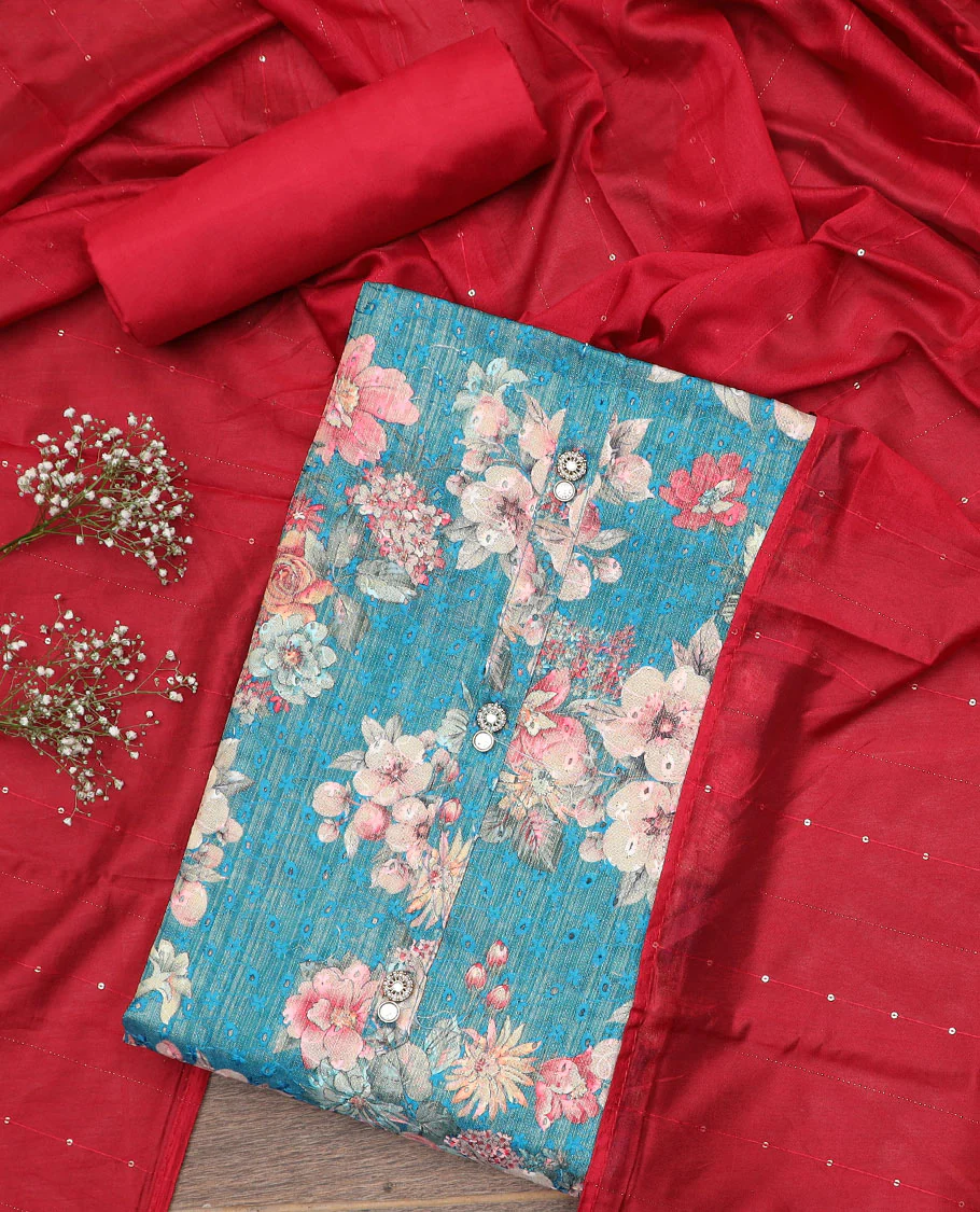 Blue material chudidar set, floral vine printed with thread embroidered top, contrast plain bottom, and sequins striped dupatta