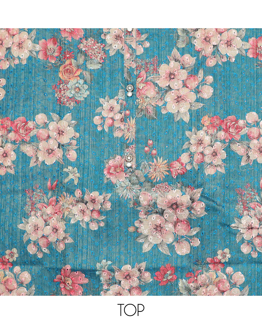 Blue material chudidar set, floral vine printed with thread embroidered top, contrast plain bottom, and sequins striped dupatta - Image 2