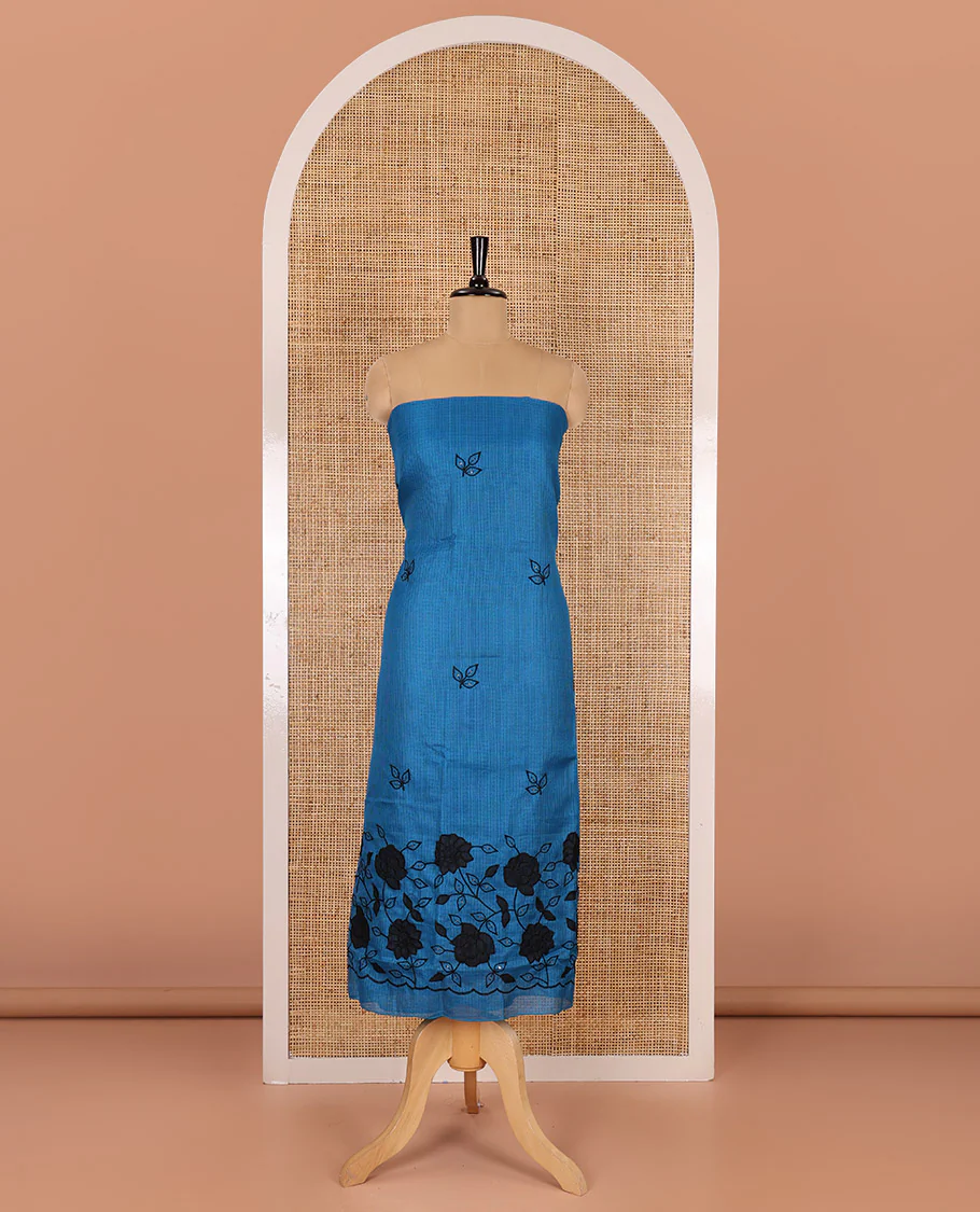 Blue material chudidar set, leaf-floral motifs thread and sequins embroidered kota cotton top, a matching bottom, and a leaf motifs thread and sequins embroidered dupatta - Image 2