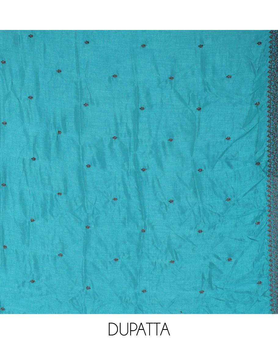 Blue Material Chudidar Set Ornamented with Thread and Sequins Embroidery Vichitra Silk Top, Subtly Made Plain Santoon Bottom, and a Vichitra Silk Dupatta of Thread and Sequins Embroidery - Image 2