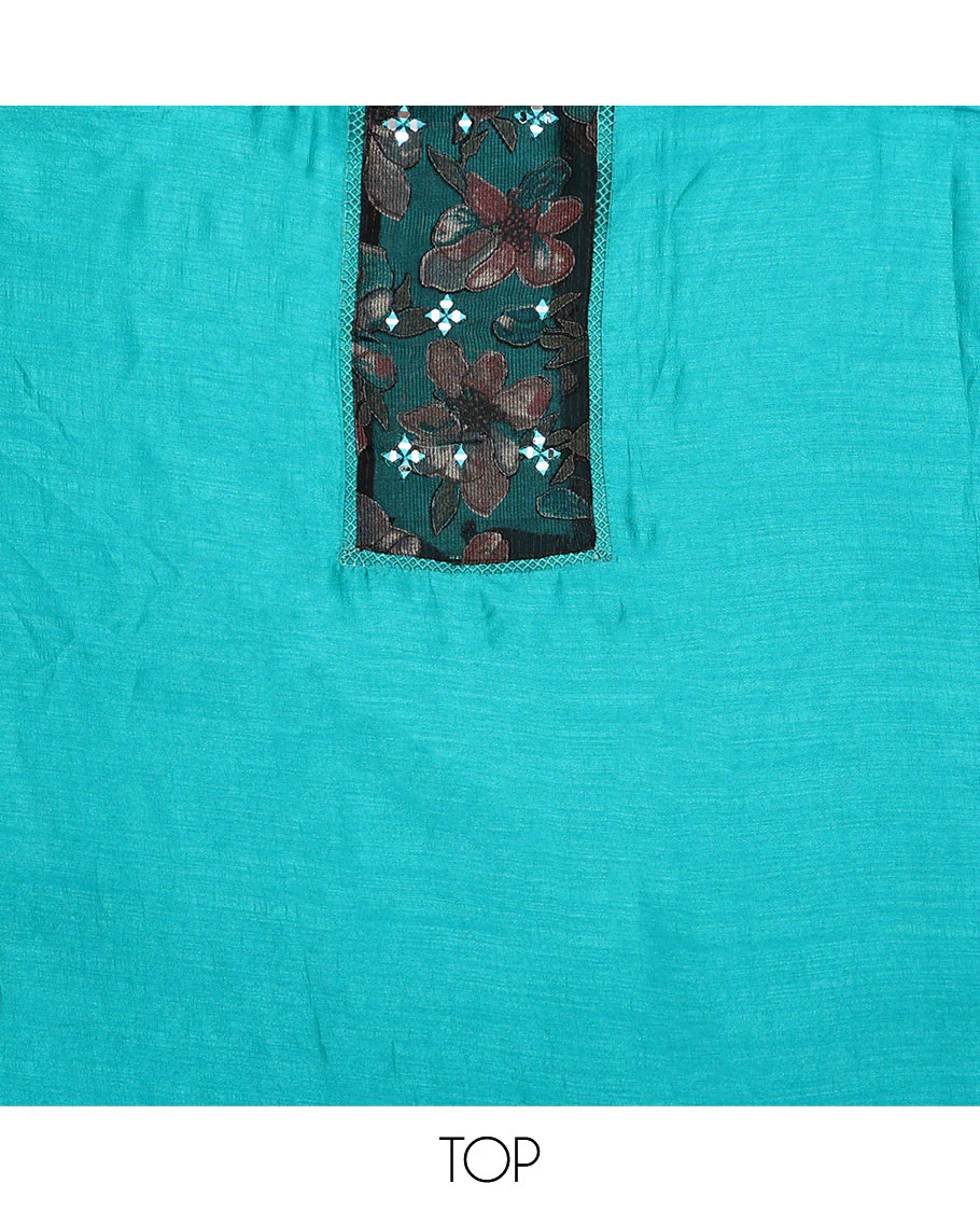 Blue material chudidar set, plain with patch embroidered work top, plain bottom, and floral printed dupatta - Image 2