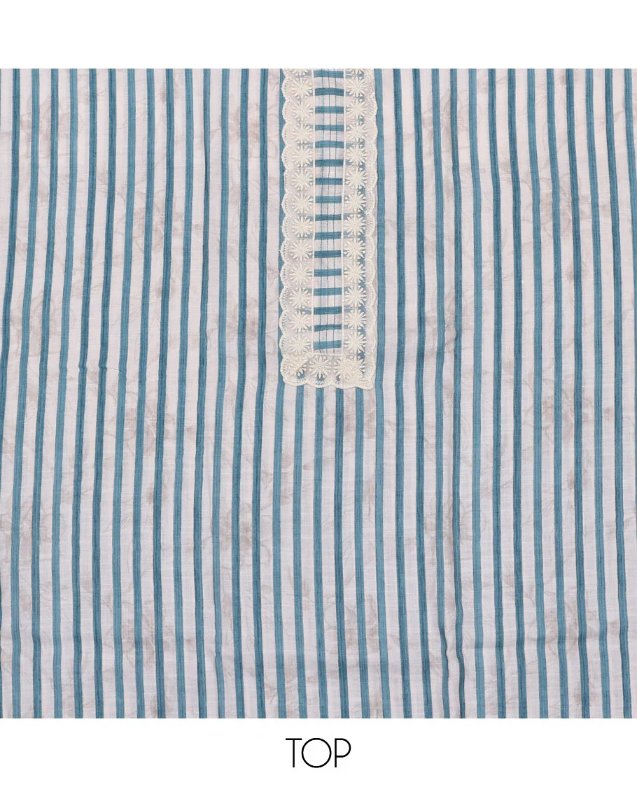 Blue material chudidar set, striped and neck work top, plain bottom, and floral printed dupatta - Image 2