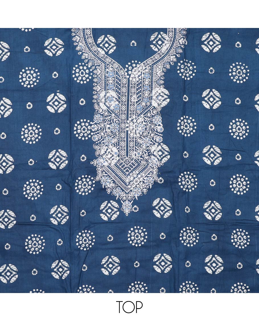 Blue material churidar set, batik printed with neck embroidered cotton top, plain cotton bottom, and shibori printed chiffon dupatta - Image 2