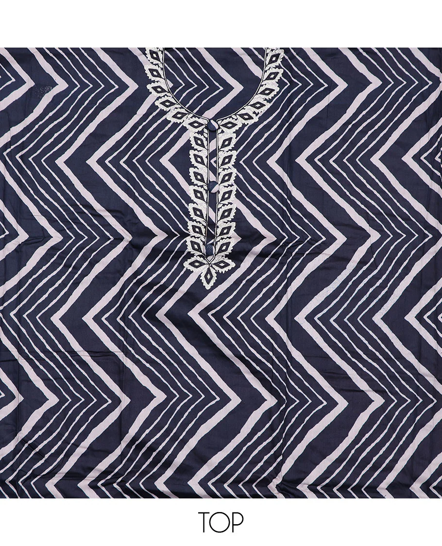 Blue material churidar set, chevron printed and embroidered top, plain bottom, and a embroidered motifs dupatta - Image 2