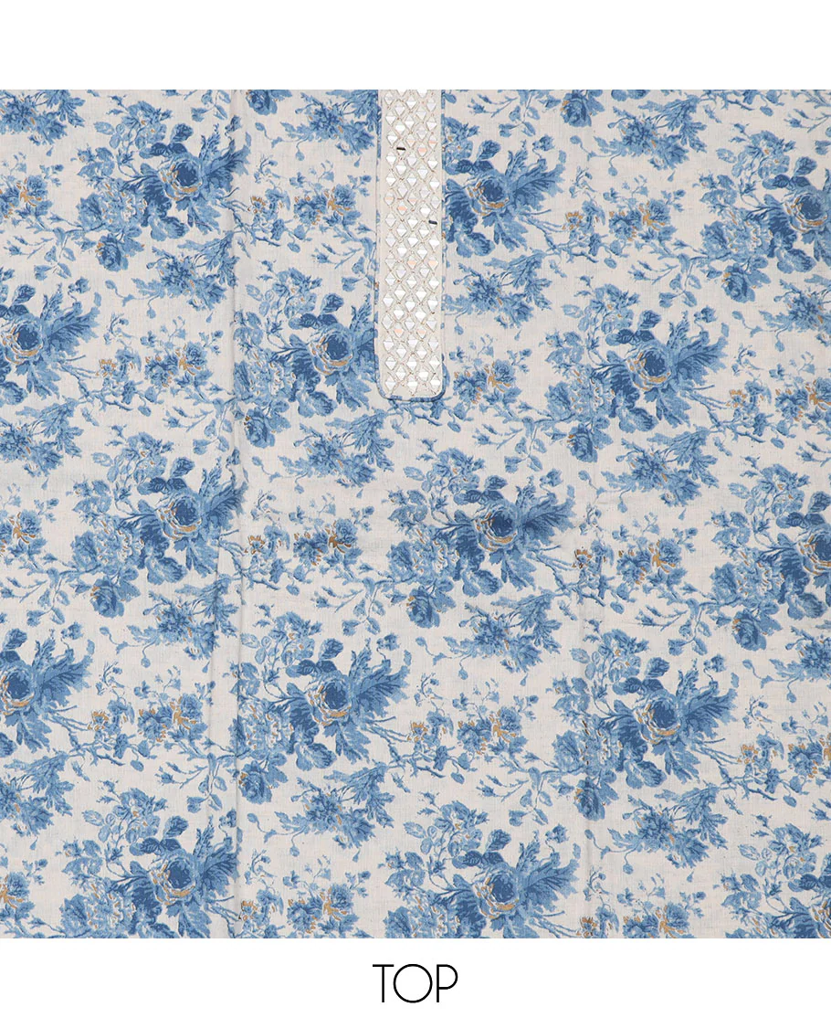 Blue material churidar set, floral with mirror embroidered top, contrast plain bottom, and a chevron design dupatta - Image 2