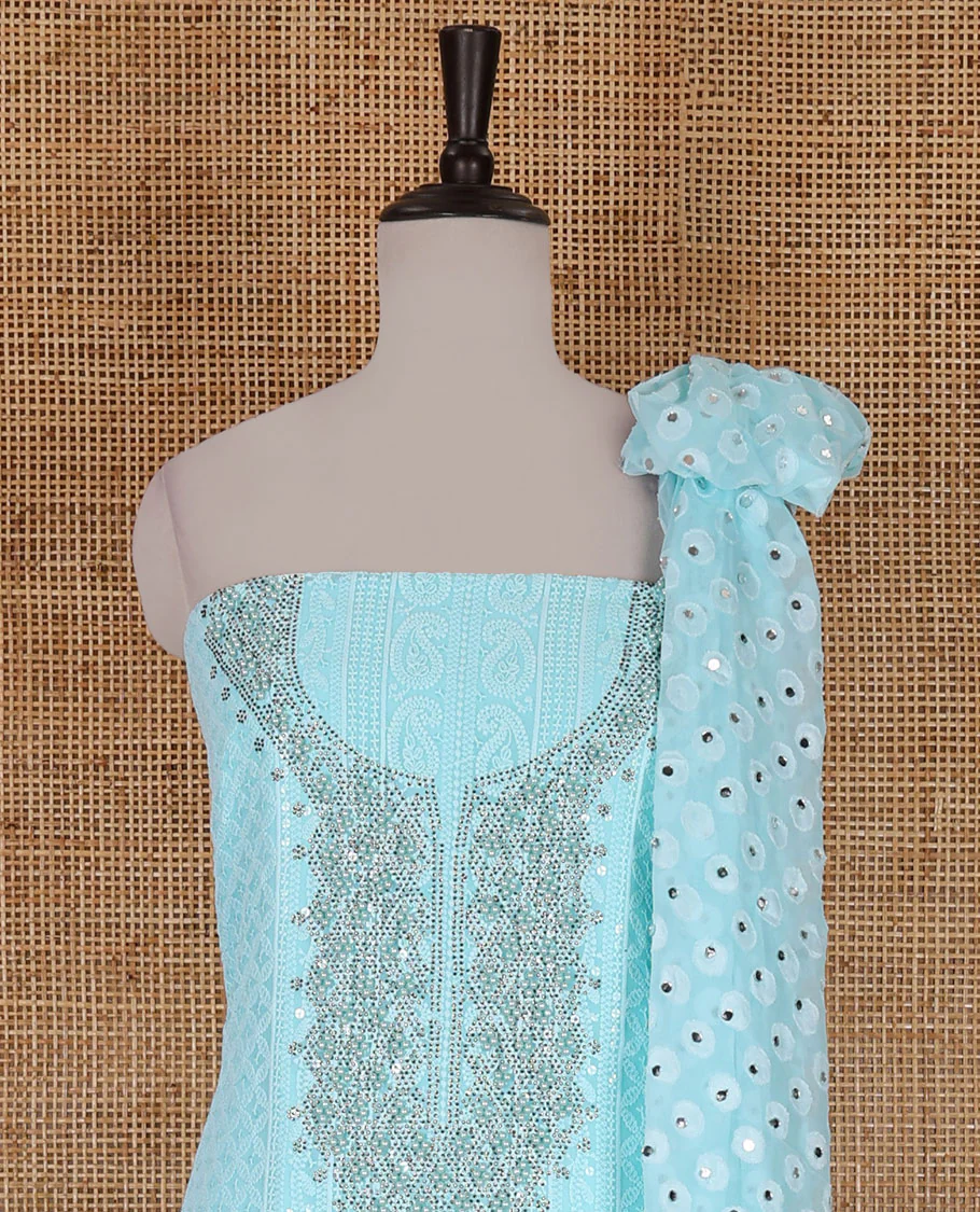 Blue material churidar set, stone work with Schiffli style embroidered georgette top, American Crape bottom, and polka dotted printed mirror work dupatta - Image 3