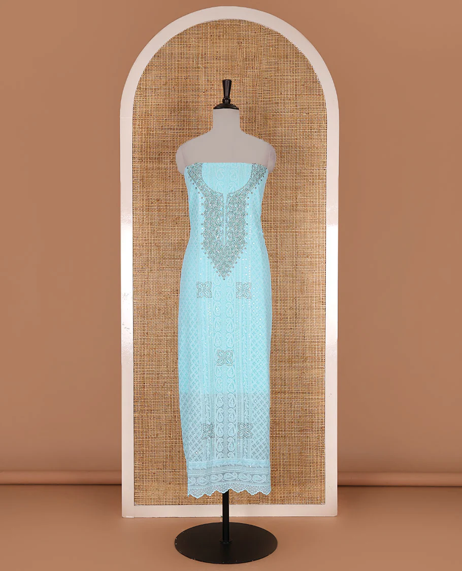 Blue material churidar set, stone work with Schiffli style embroidered georgette top, American Crape bottom, and polka dotted printed mirror work dupatta - Image 4