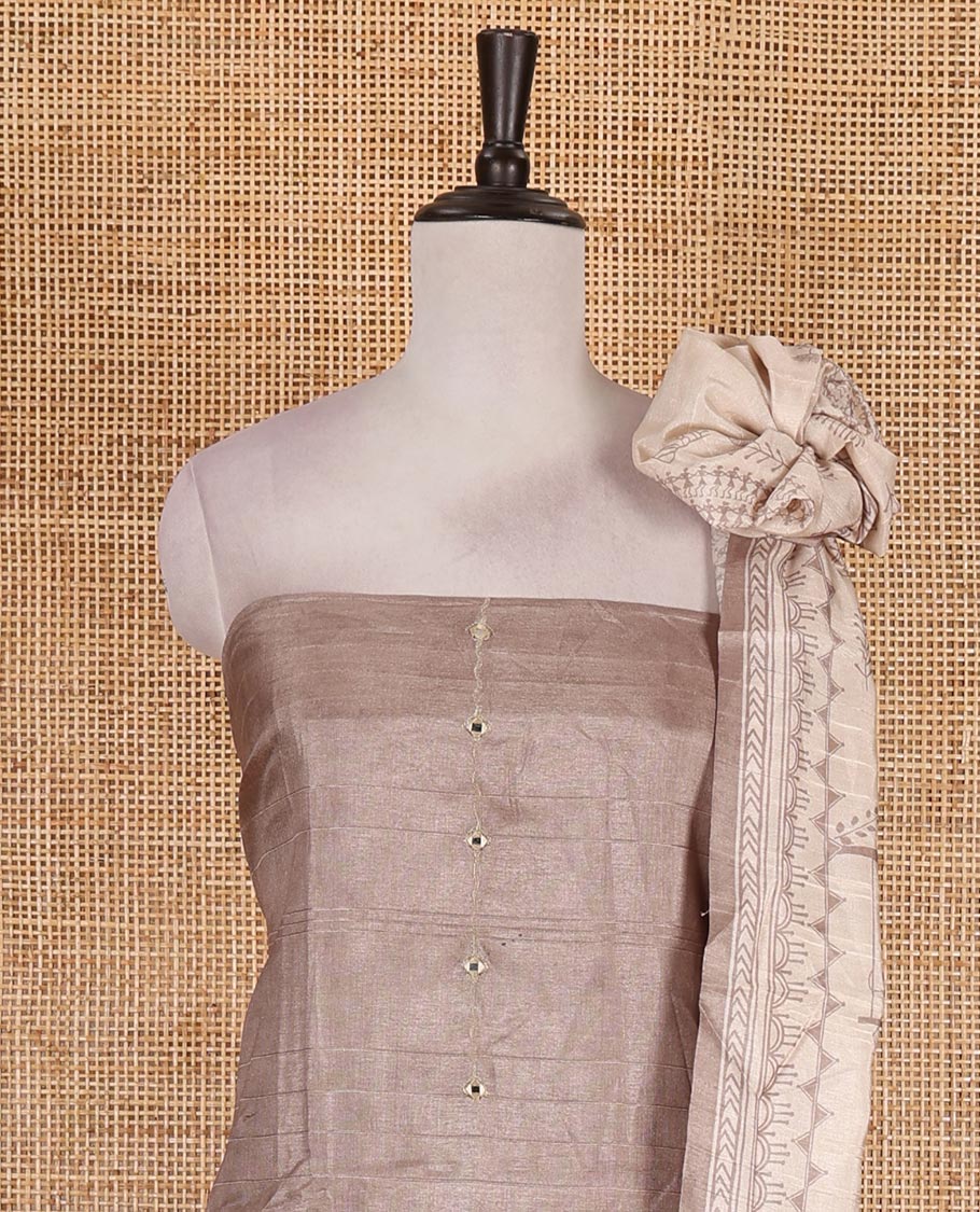 Fawn material churidar set, warli tribe village theme print with mirror work semi-tussar top, plain bottom, and warli tribe village theme print semi-tussar dupatta - Image 3