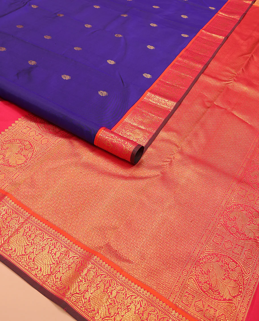 Blue mayil buttas Kanchipuram silk saree, contrast border of thilakam mokku, muthu, and mayil designs, and jaal pallu - Image 2