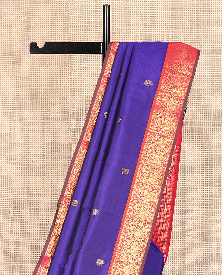 Blue mayil buttas Kanchipuram silk saree, contrast border of thilakam mokku, muthu, and mayil designs, and jaal pallu - Image 3