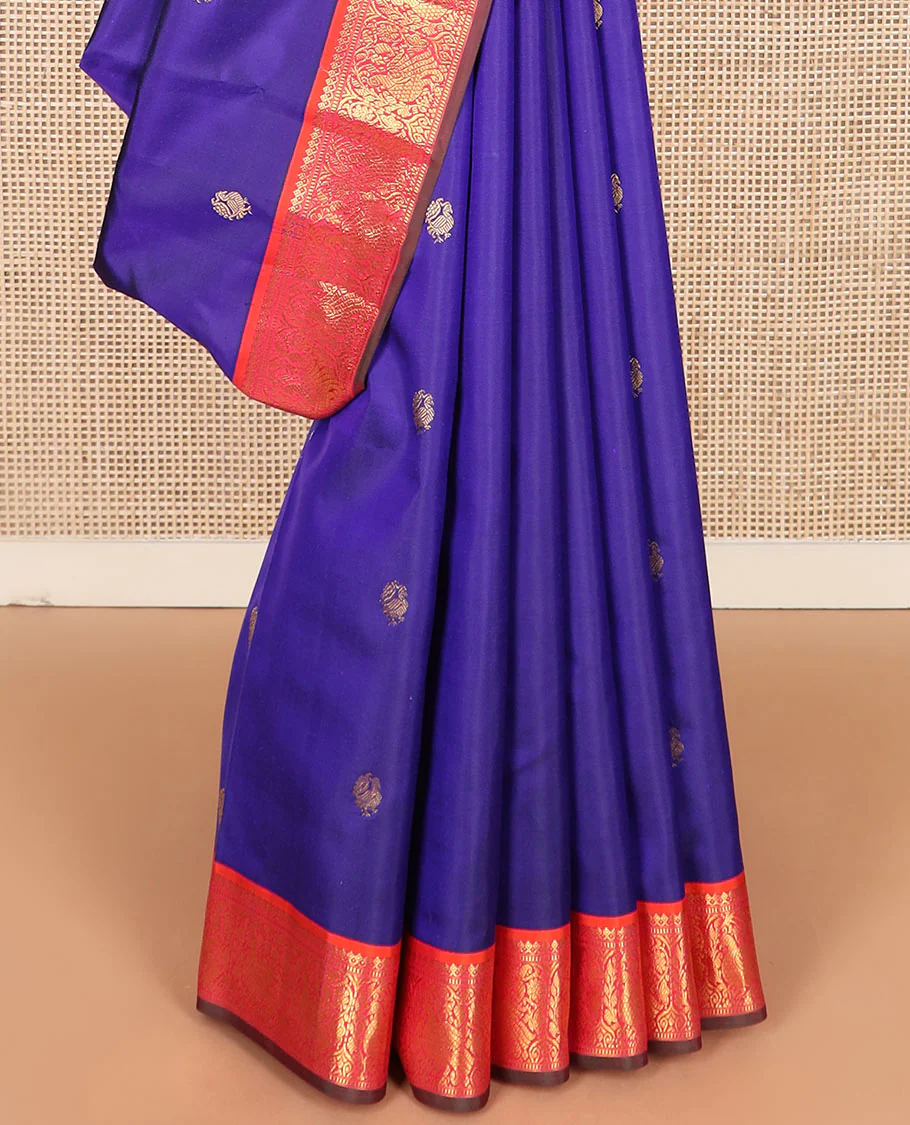 Blue mayil buttas Kanchipuram silk saree, contrast border of thilakam mokku, muthu, and mayil designs, and jaal pallu - Image 4