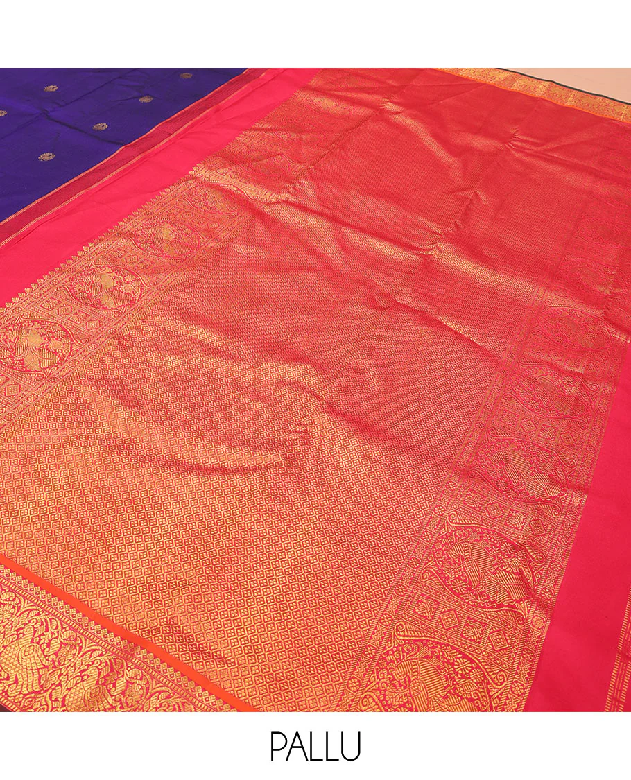 Blue mayil buttas Kanchipuram silk saree, contrast border of thilakam mokku, muthu, and mayil designs, and jaal pallu - Image 5