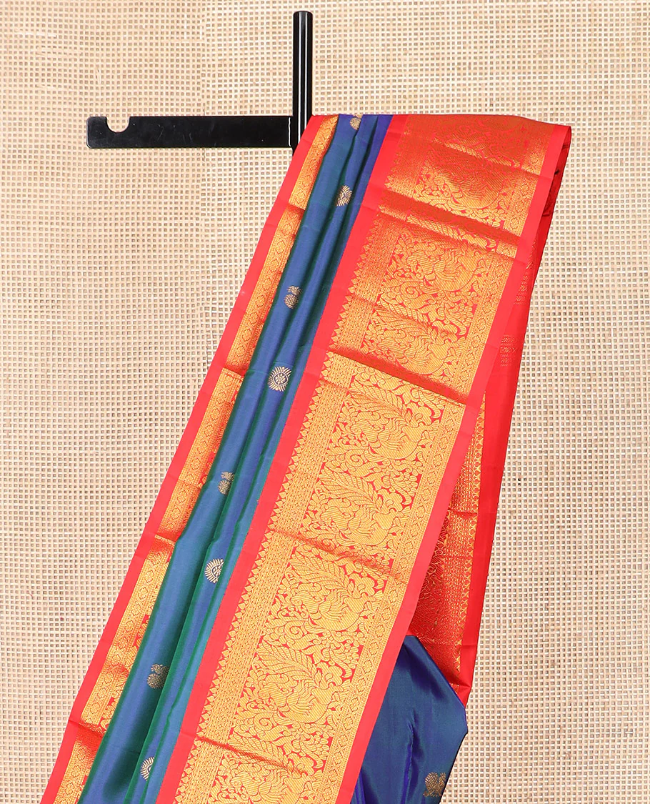 Blue mayil chakram buttas Kanchipuram silk saree, contrast korvai border of thilakam mokku, cross kamalam, and mayil designs, and intricate pallu - Image 3
