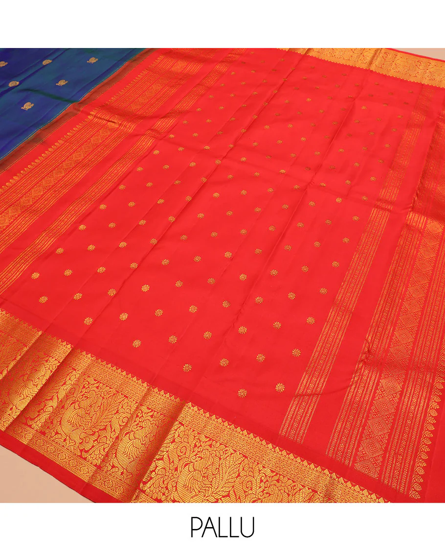 Blue mayil chakram buttas Kanchipuram silk saree, contrast korvai border of thilakam mokku, cross kamalam, and mayil designs, and intricate pallu - Image 5