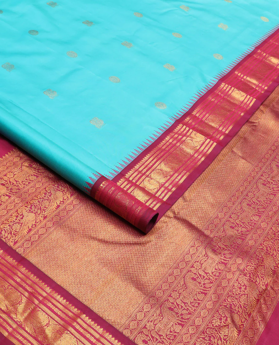 Blue mayil chakram buttas Kanchipuram silk saree, contrast thazampoo rekku border of thilakam mokku, banaras, rudraksham, and mayil designs, and intricate pallu - Image 2