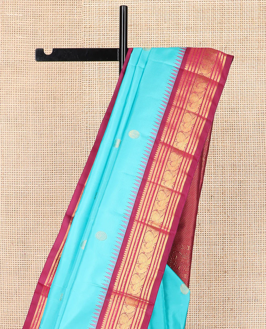 Blue mayil chakram buttas Kanchipuram silk saree, contrast thazampoo rekku border of thilakam mokku, banaras, rudraksham, and mayil designs, and intricate pallu - Image 3