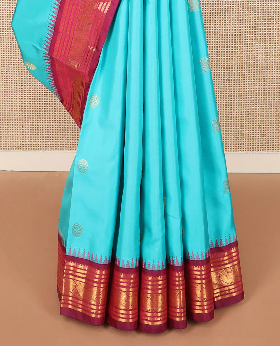 Blue mayil chakram buttas Kanchipuram silk saree, contrast thazampoo rekku border of thilakam mokku, banaras, rudraksham, and mayil designs, and intricate pallu - Image 4