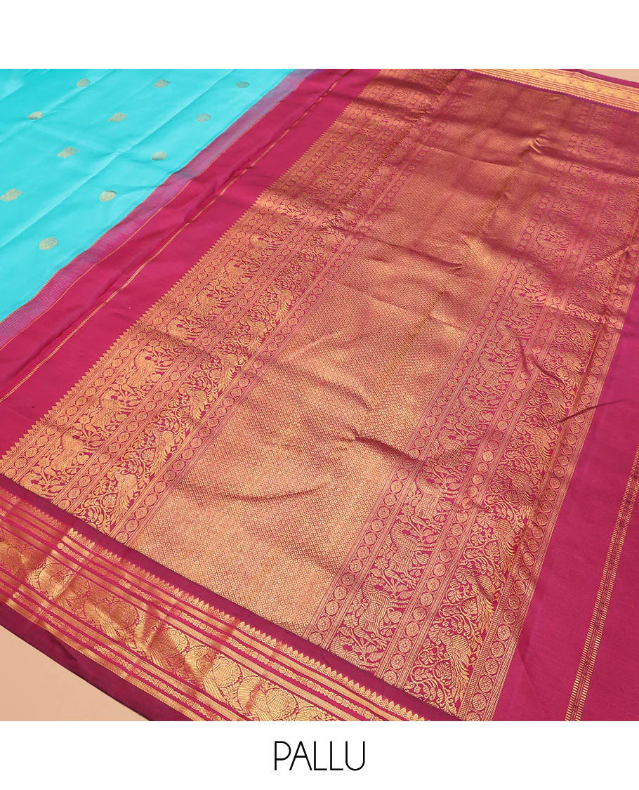 Blue mayil chakram buttas Kanchipuram silk saree, contrast thazampoo rekku border of thilakam mokku, banaras, rudraksham, and mayil designs, and intricate pallu - Image 5