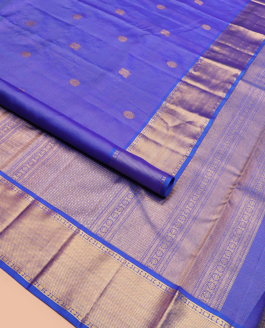 Blue mayil chakram buttas Kanchipuram silk saree, zari border of rudraksham and diamond designs, and intricate pallu - Image 2