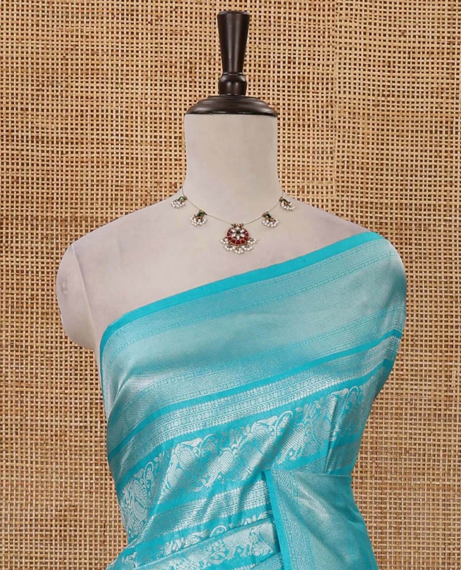 Blue mayil & yaali zari jacquard softy saree, traditional zari border, intricate pallu & matching zari design blouse - Image 3