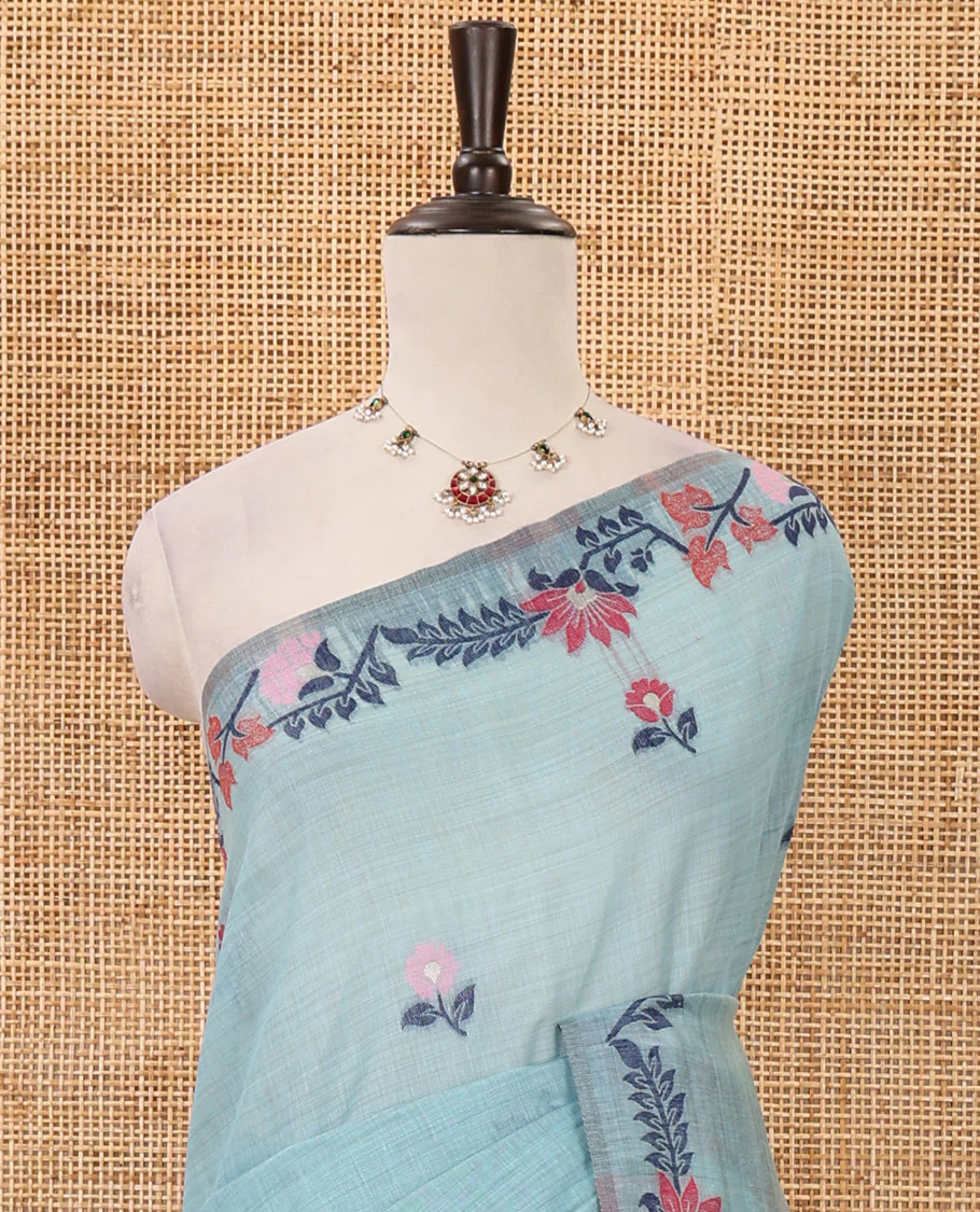 Blue meena buttas woven linen saree, jamdhani-style floral design woven border, floral design pallu & contrast zari butta blouse - Image 3