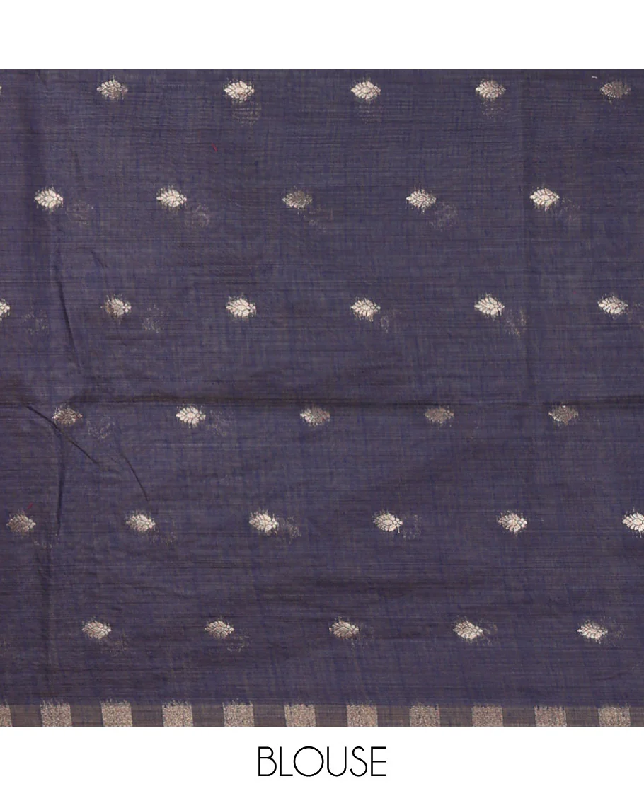 Blue meena buttas woven linen saree, jamdhani-style floral design woven border, floral design pallu & contrast zari butta blouse - Image 4