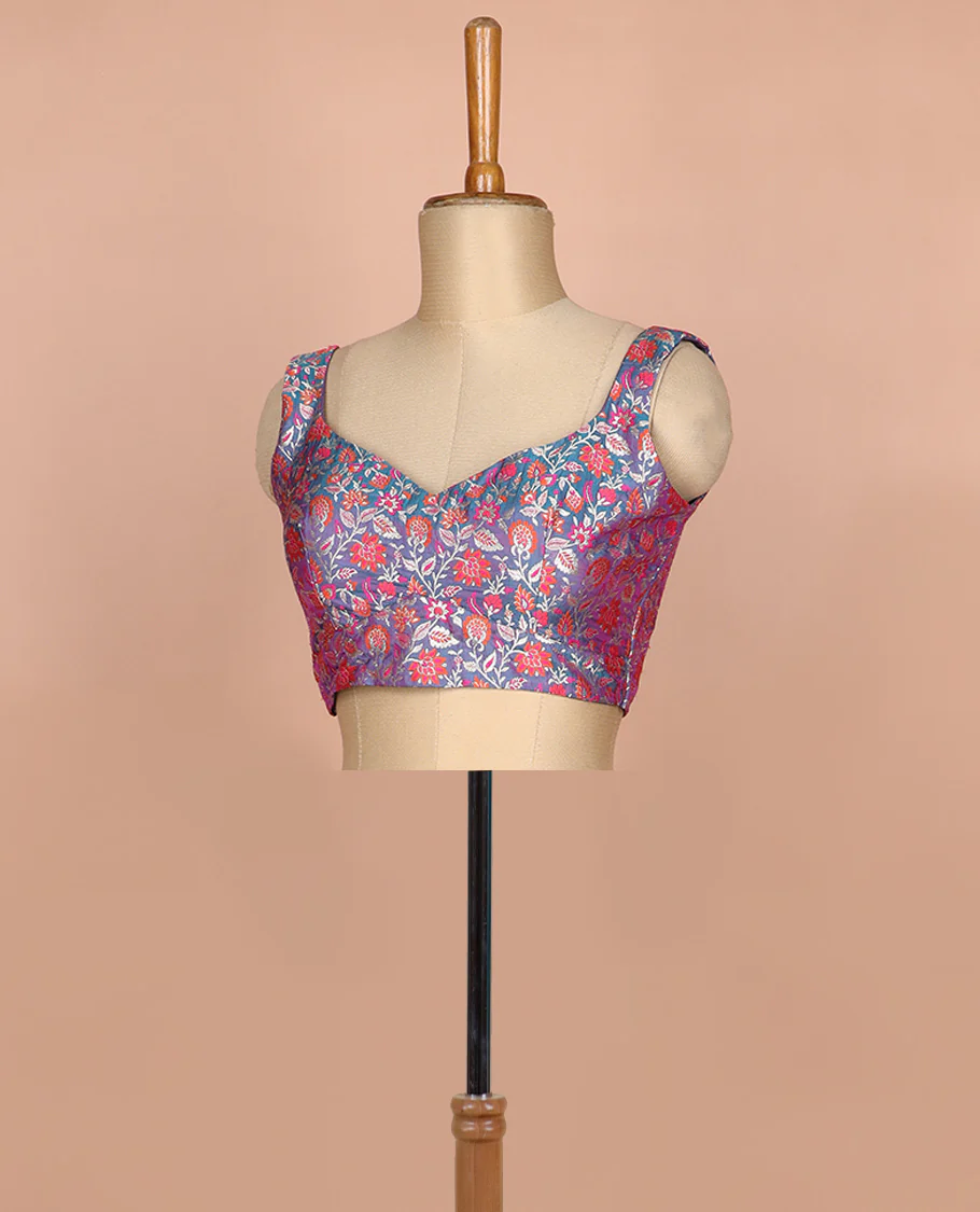 Blue meenakari floral jaal jacquard sweet-heart neck thick strapped sleeveless banarasi readymade blouse