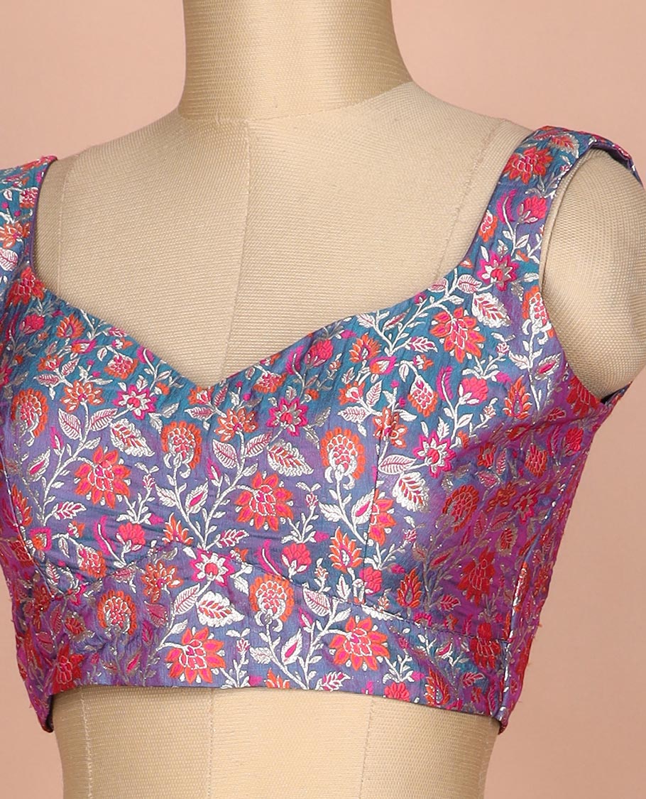Blue meenakari floral jaal jacquard sweet-heart neck thick strapped sleeveless banarasi readymade blouse - Image 2