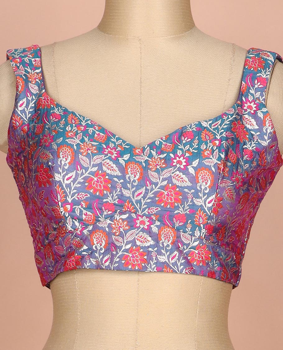 Blue meenakari floral jaal jacquard sweet-heart neck thick strapped sleeveless banarasi readymade blouse - Image 3