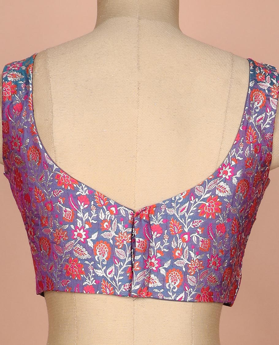 Blue meenakari floral jaal jacquard sweet-heart neck thick strapped sleeveless banarasi readymade blouse - Image 4
